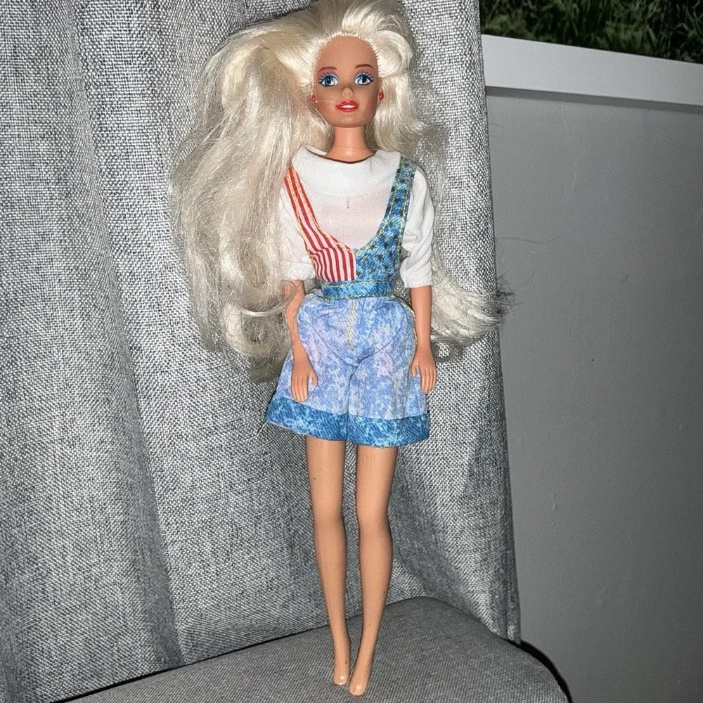 Vintage 90s Barbie Doll Acid Wash Denim Overalls Red White Blue American Flag